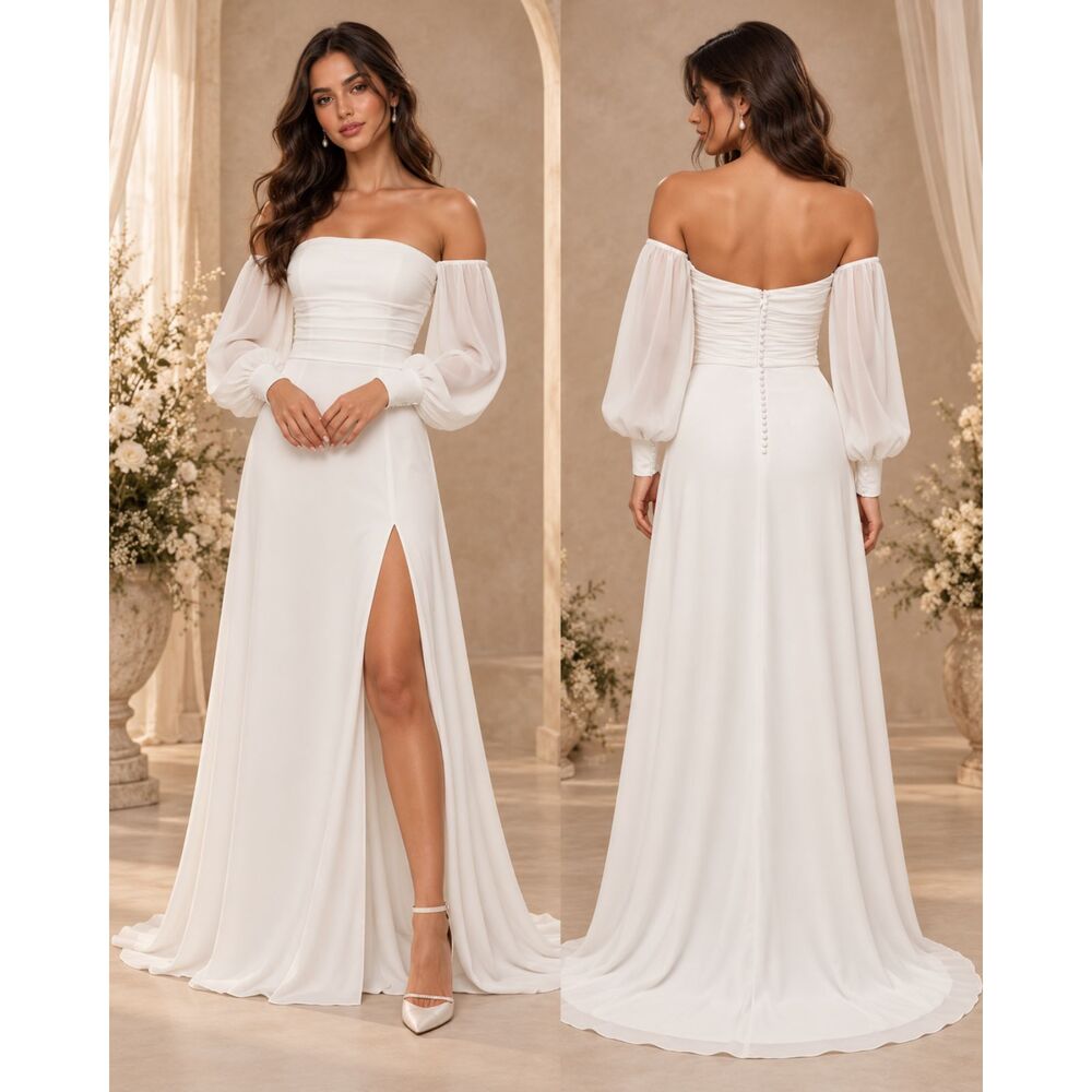 Lulus Adorna Wedding Dress White Off the Shoulder Side Slit Size M NWOT